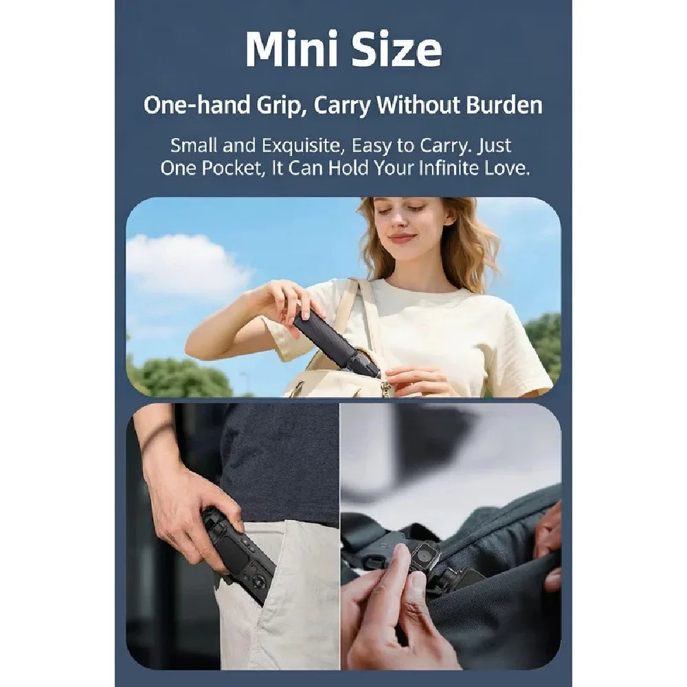 Small black handheld camera or gimbal fitting into a pocket or bag.