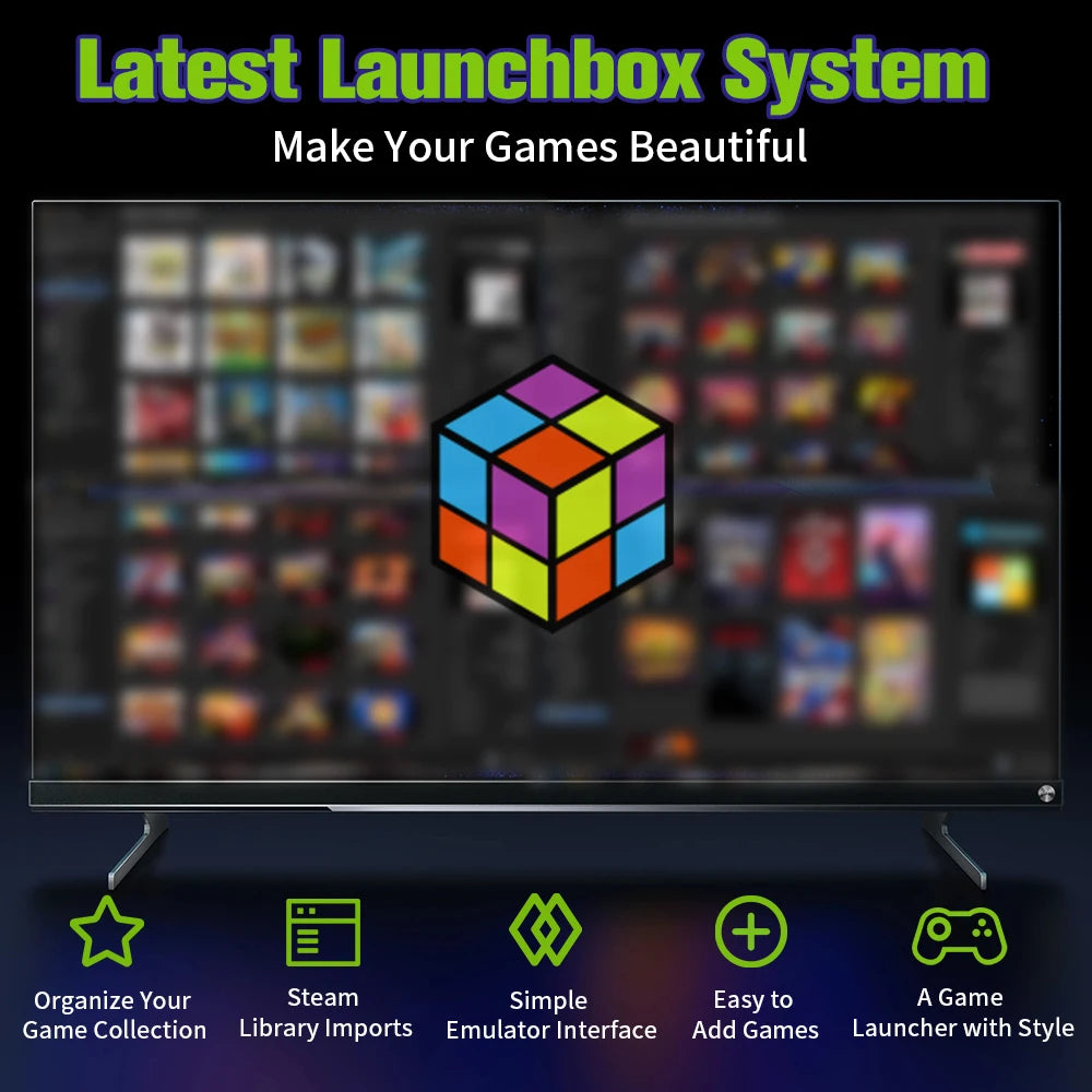 JMachen Hyper Base Lbox retro game console interface on TV with colorful cube logo and five green feature icons.