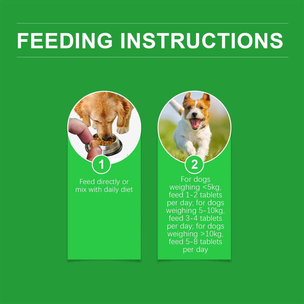 Green infographic with feeding instructions for dog supplement tablets, showing feeding amounts by dog weight.