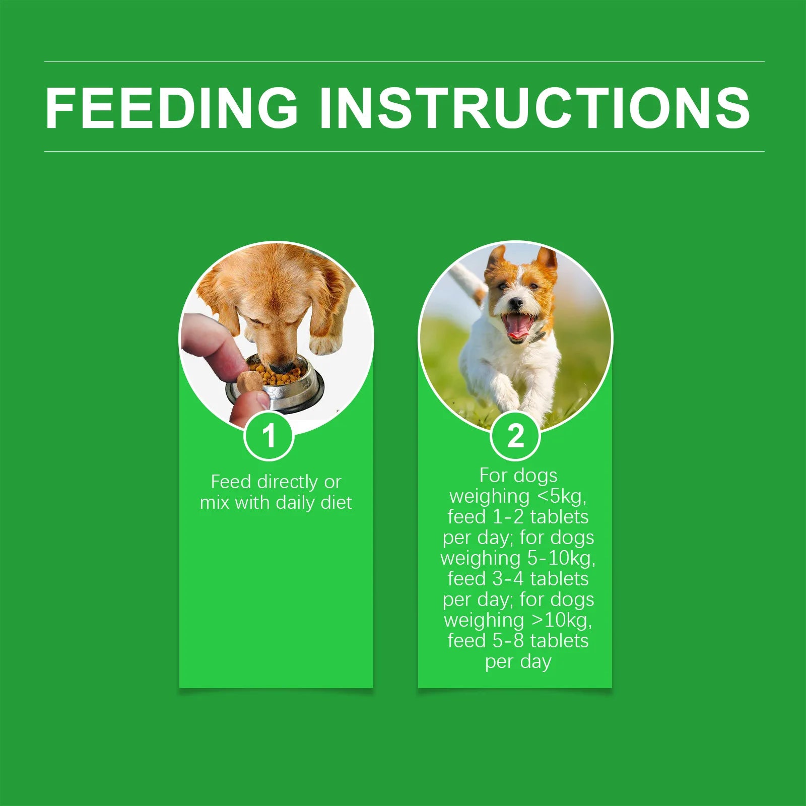 Green infographic with feeding instructions for dog supplement tablets, showing feeding amounts by dog weight.