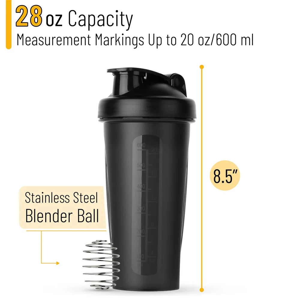 Black 28oz protein shaker bottle with a lid, measurement markings, and a stainless steel blender ball.
