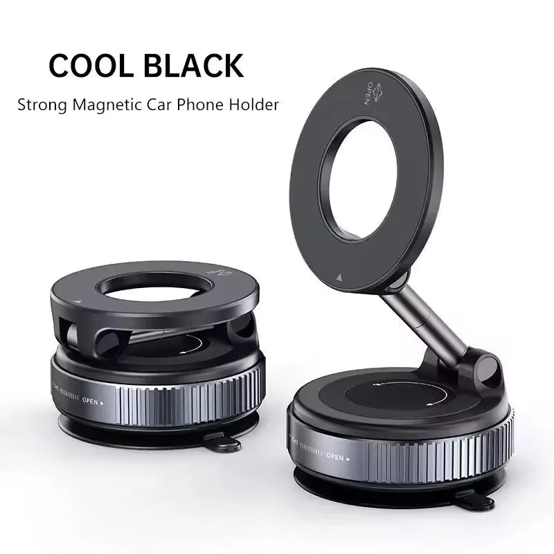 Cool black magnetic car phone holder featuring a circular, foldable, and adjustable modern design.