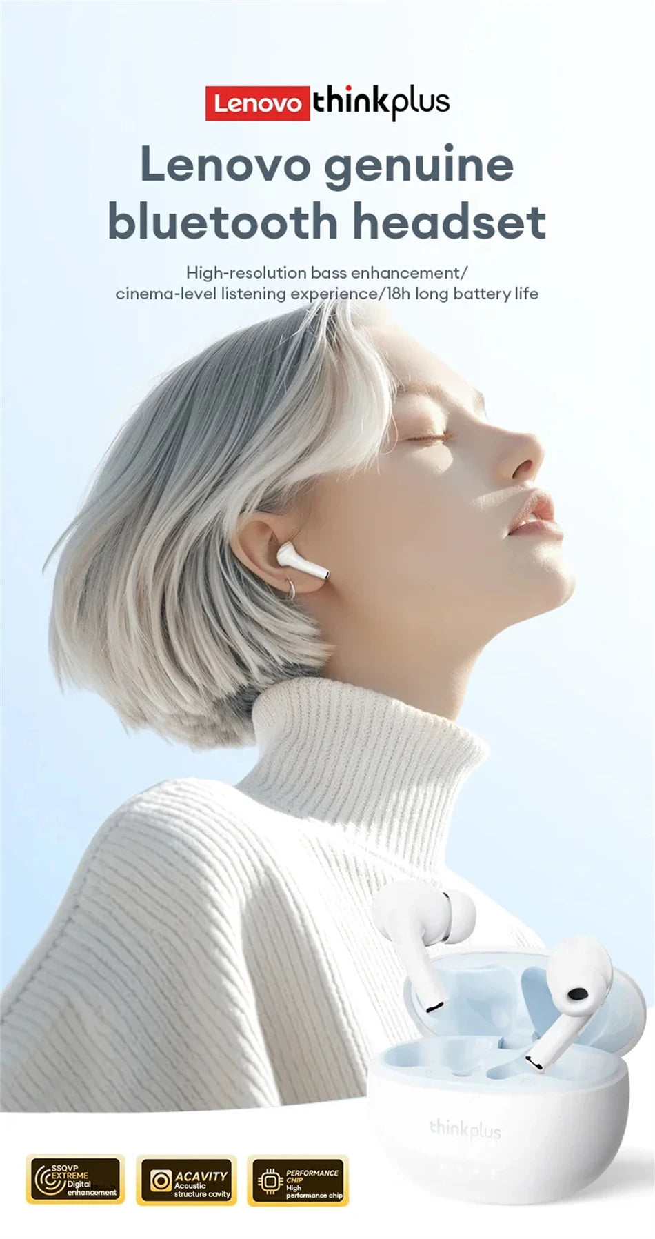 Woman wearing sleek white wireless earbuds, with a matching white charging case in the foreground.