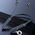 Sleek black wireless neckband headphones with a digital battery display and integrated memory card slot.