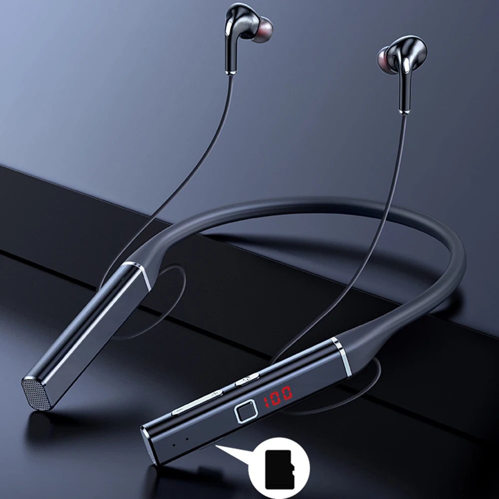 Sleek black wireless neckband headphones with a digital battery display and integrated memory card slot.