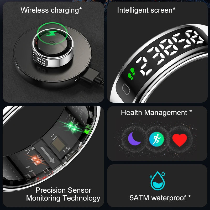 Sleek black smart health ring with a touch screen, wireless charging, fitness sensors, and waterproof design.