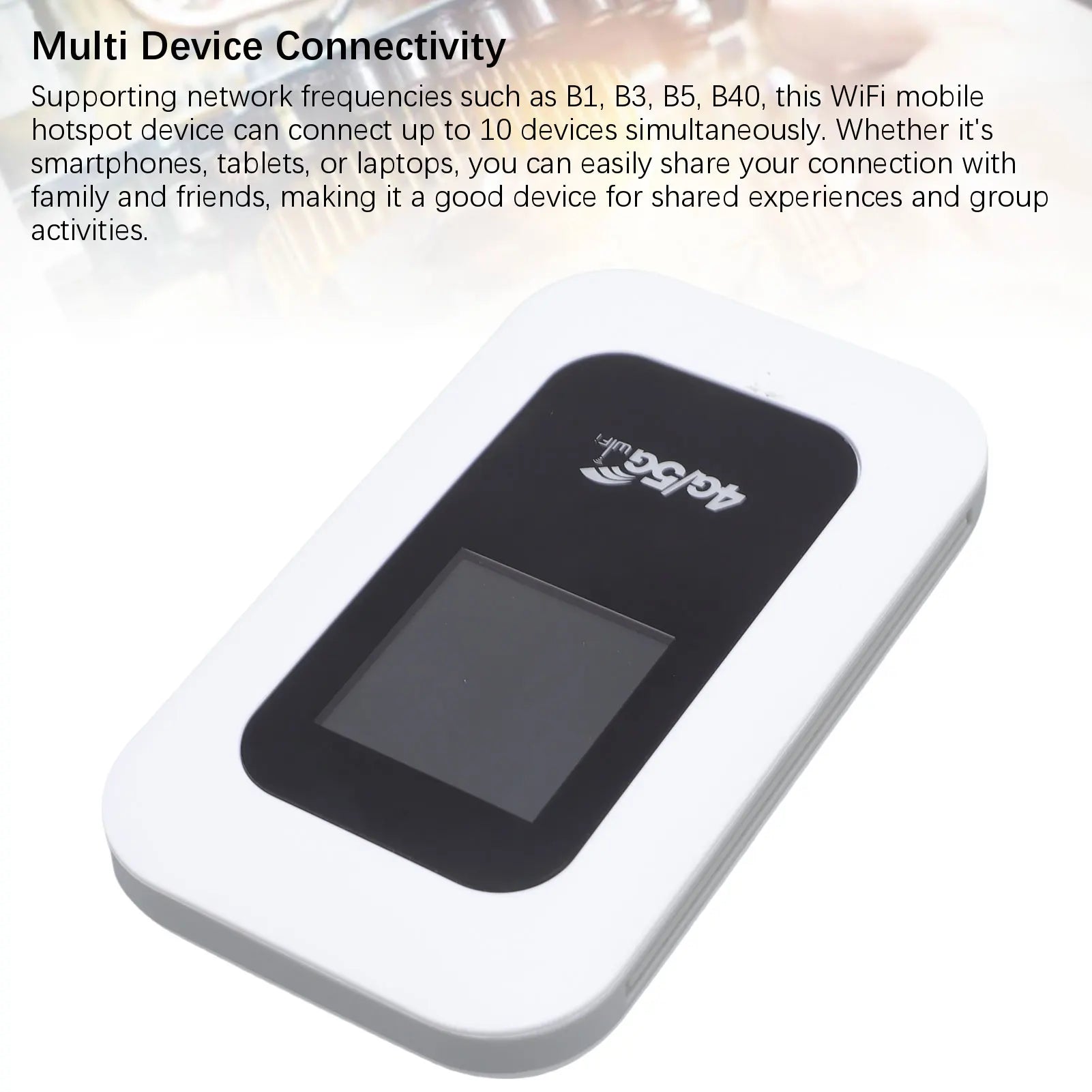 Compact white and black portable 4G wireless WiFi hotspot device with a clear digital display screen.