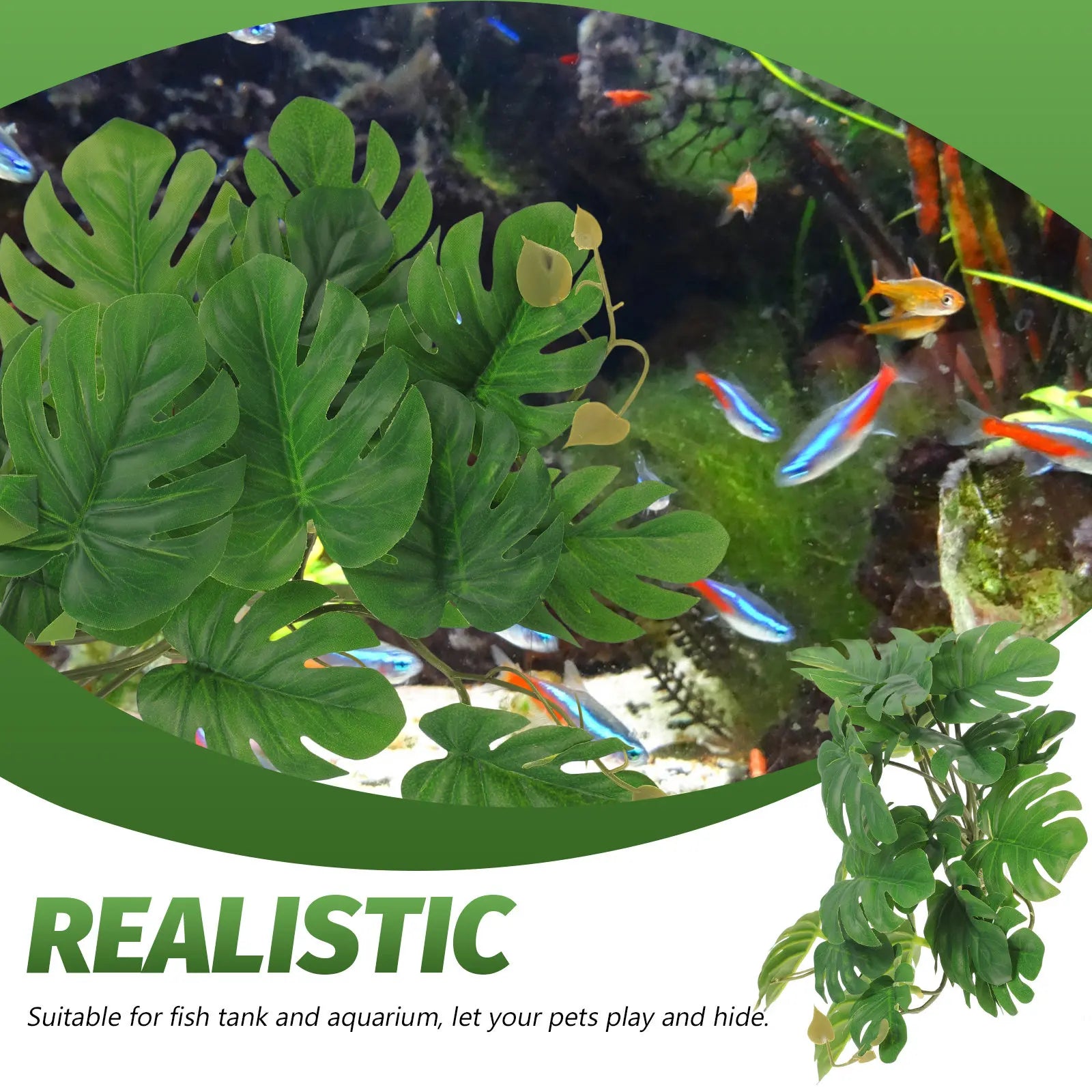 Artificial green monstera leaves for terrariums and fish tanks, shown in an aquarium with neon tetras.