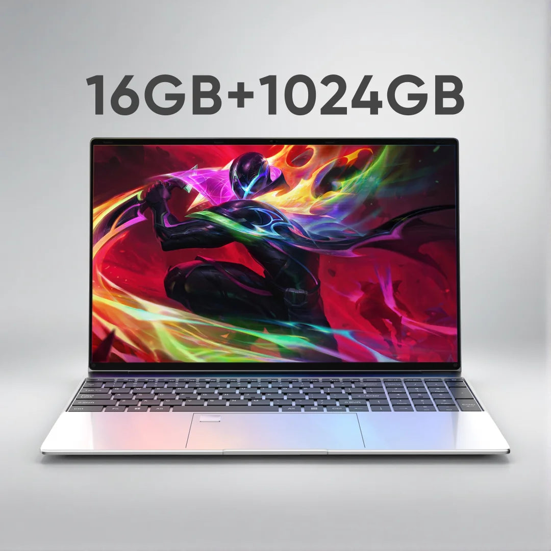Ultra-slim silver laptop with a 15.6-inch vibrant gaming display, backlit keyboard, and sleek metallic finish.