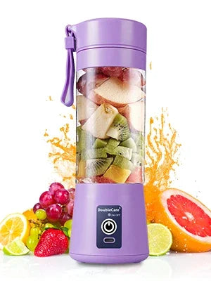 Portable purple personal blender filled with chopped fruit, featuring a hanging strap and power button.