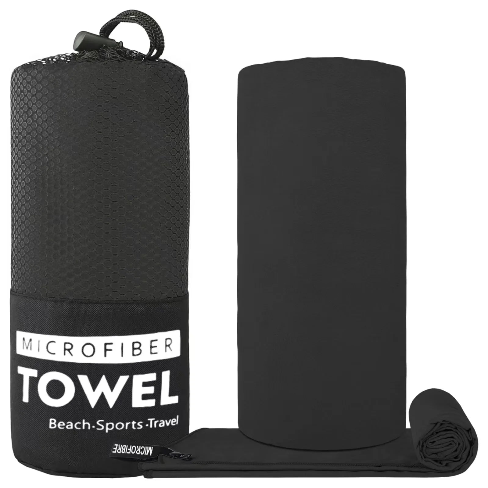 Black microfiber travel towel with a matching mesh carry bag, showing both the rolled and folded towel.