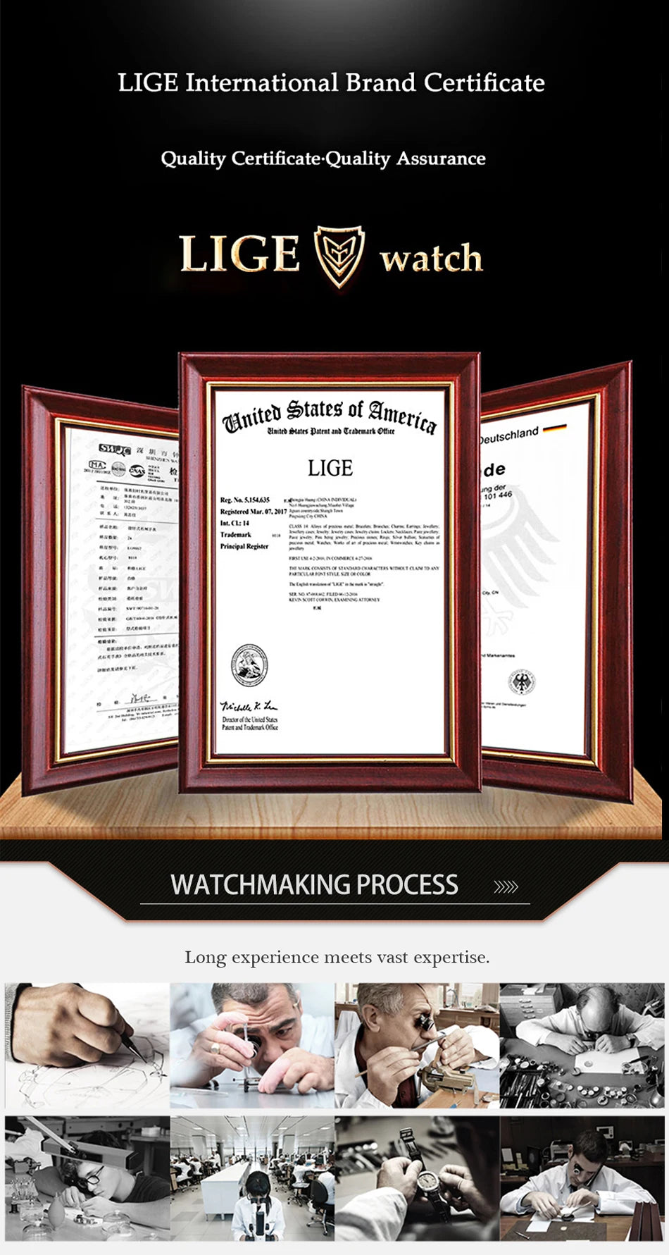 Collage showing formal quality certificates in wooden frames and skilled craftsmen assembling watches in a workshop.