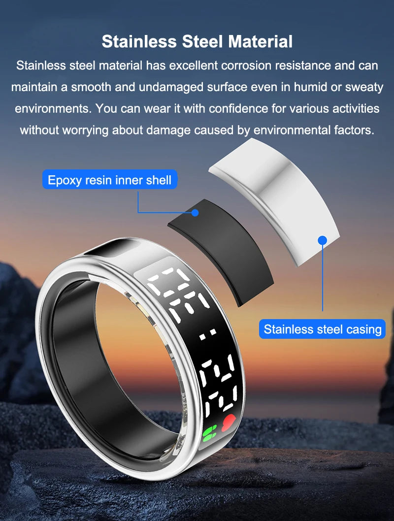 Silver smart health tracker ring with stainless steel casing and black epoxy resin inner shell.