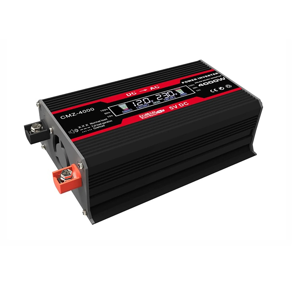 Black and red 4000W power inverter with a digital LCD display, featuring terminal inputs and cooling fan design.