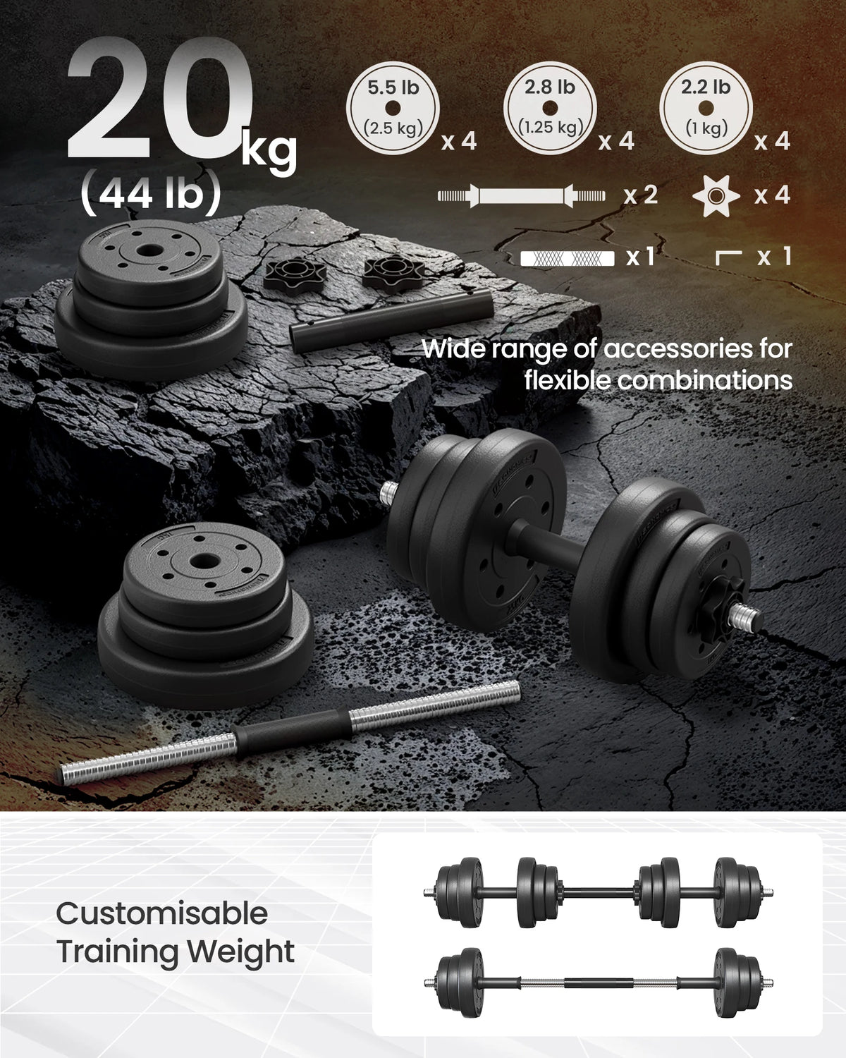 Black adjustable 20kg dumbbell set with plastic-coated weight plates and barbell connector bar.