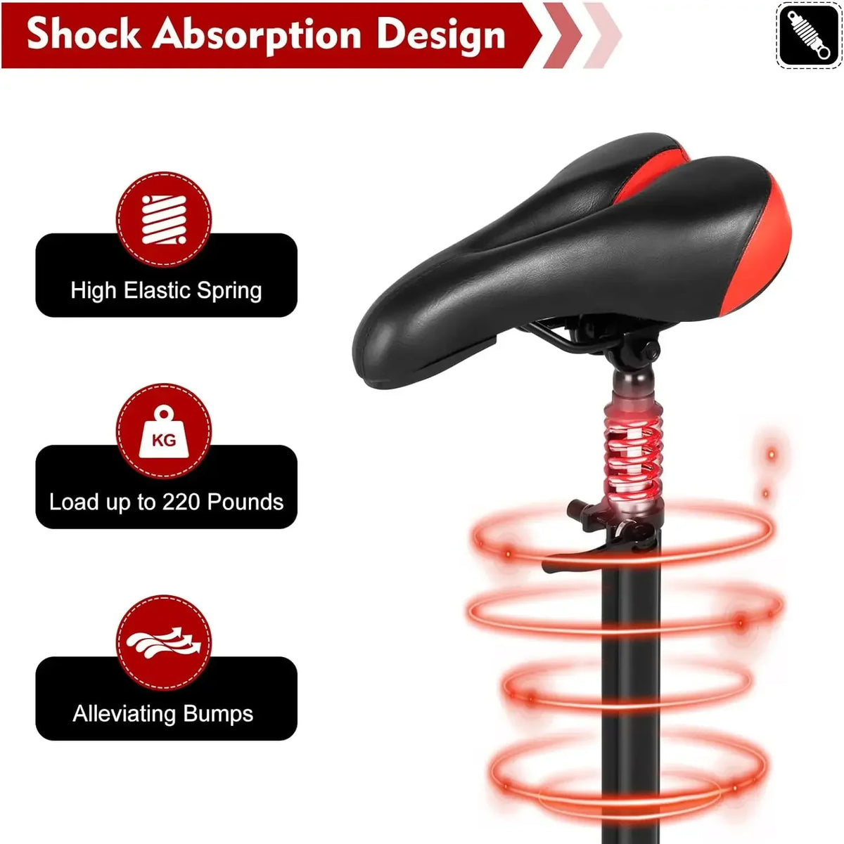 Black and red electric scooter saddle with a dual-spring shock-absorption post and adjustable height.