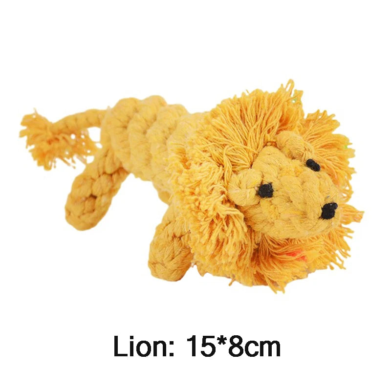 Yellow lion-shaped dog rope toy with a textured mane, designed for play and teeth cleaning.
