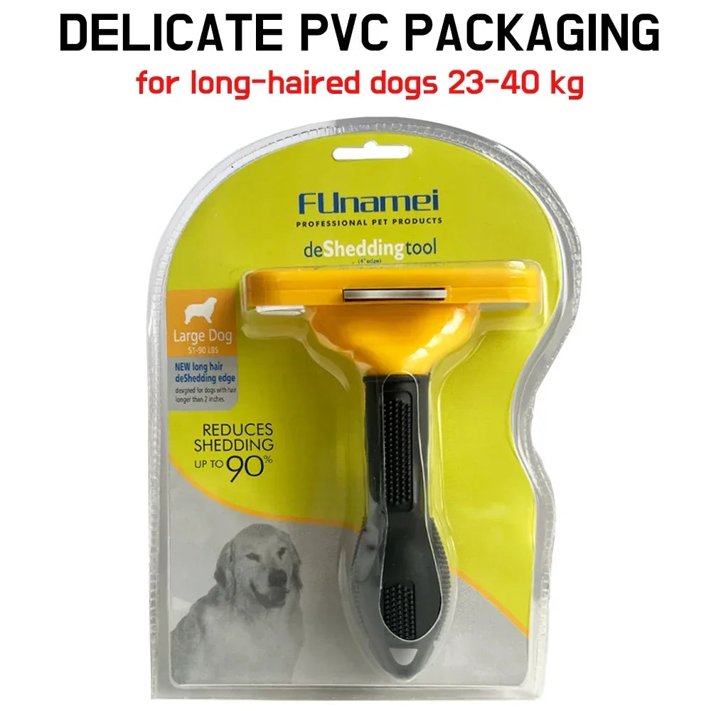 Yellow and black Funamei deshedding tool for large, long-haired dogs, in clear plastic retail packaging.