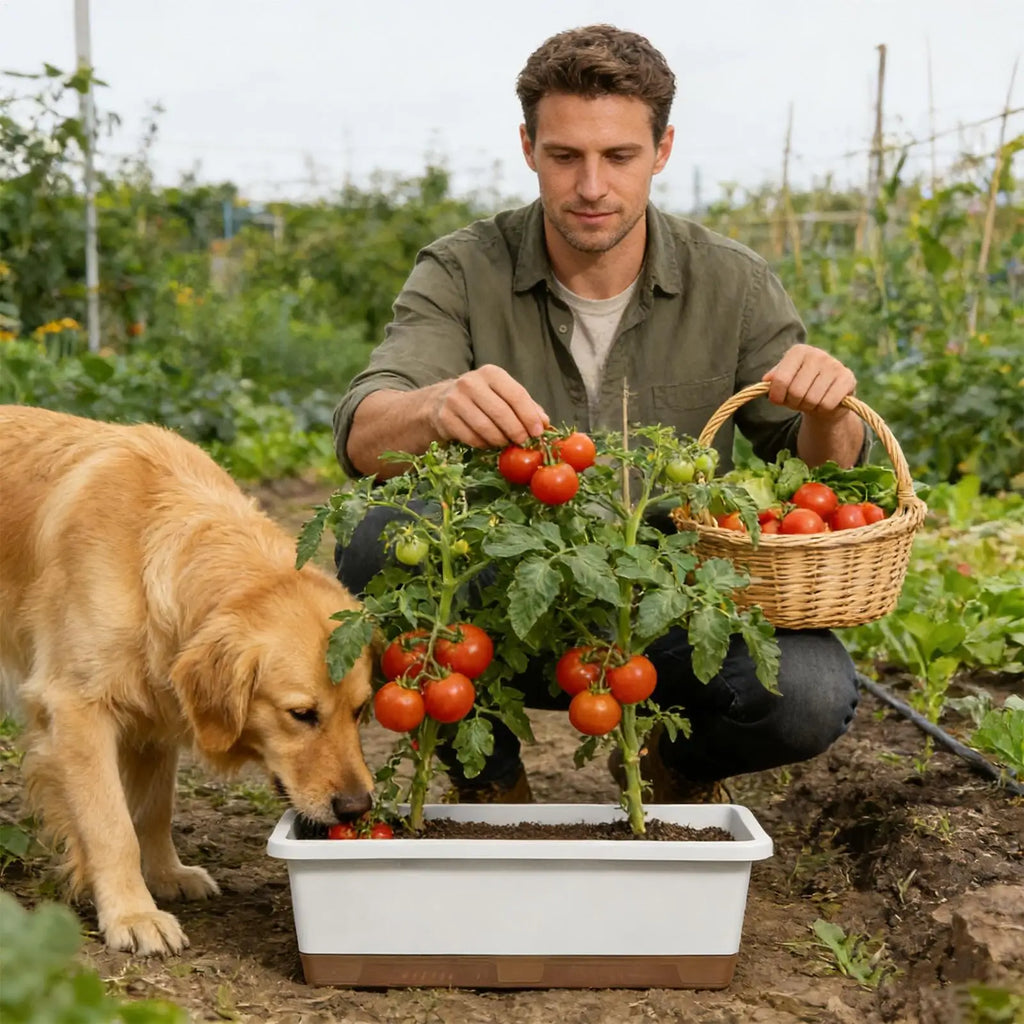 A man harvests tomatoes from a rectangular, two-toned white and brown self-watering planter as a golden retriever watches.