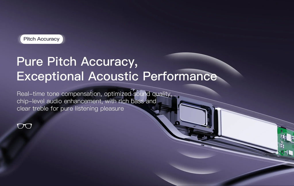 Close-up of smart glasses showing internal audio hardware, metallic speaker components, and sleek purple casing.