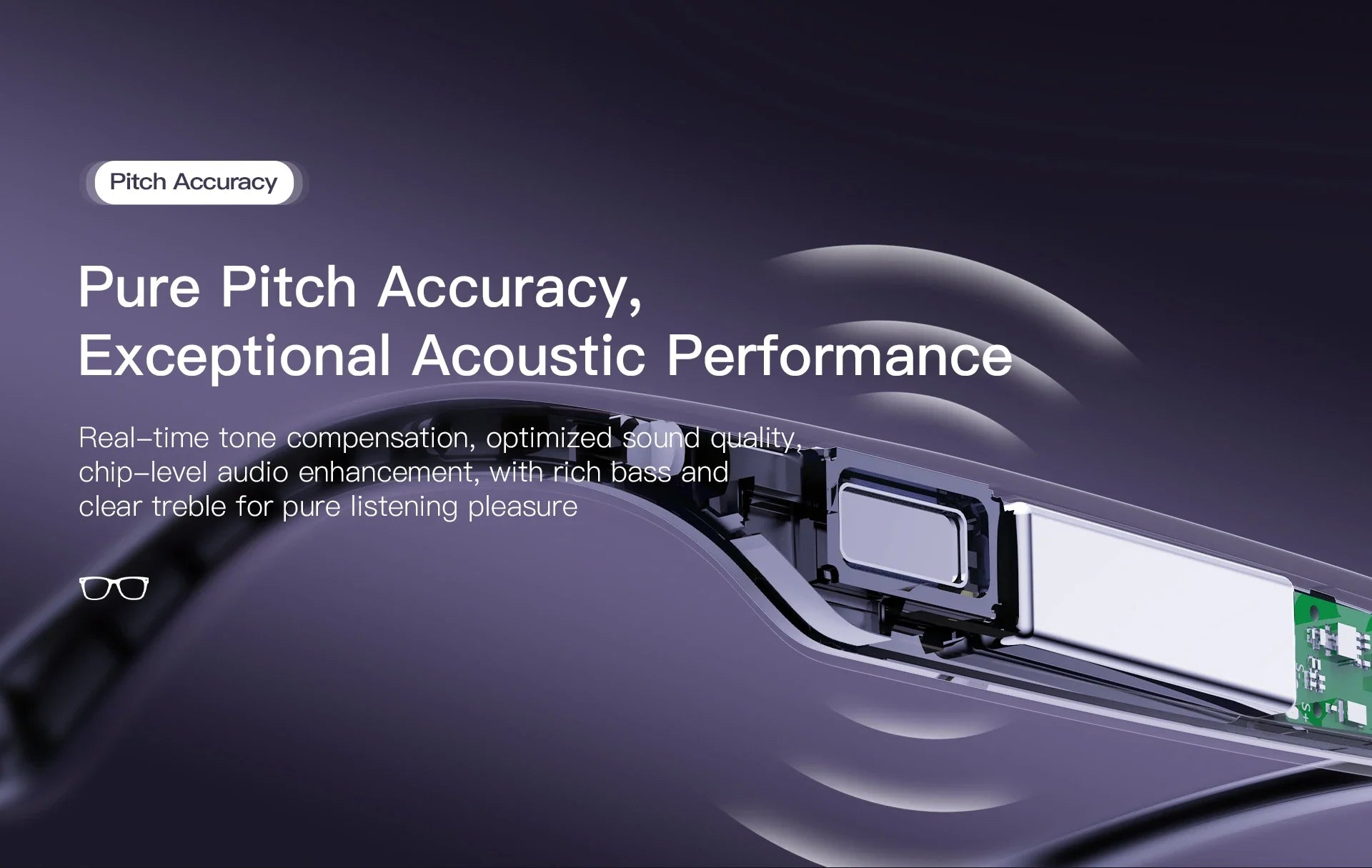 Close-up of smart glasses showing internal audio hardware, metallic speaker components, and sleek purple casing.