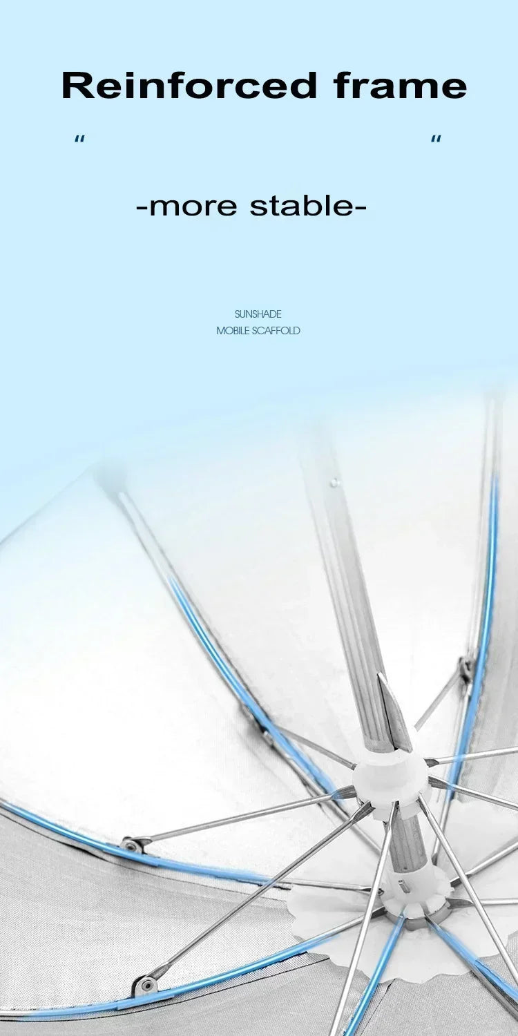 Close-up view of a sunshade umbrella with a reinforced, silver metal frame and light blue support ribs.