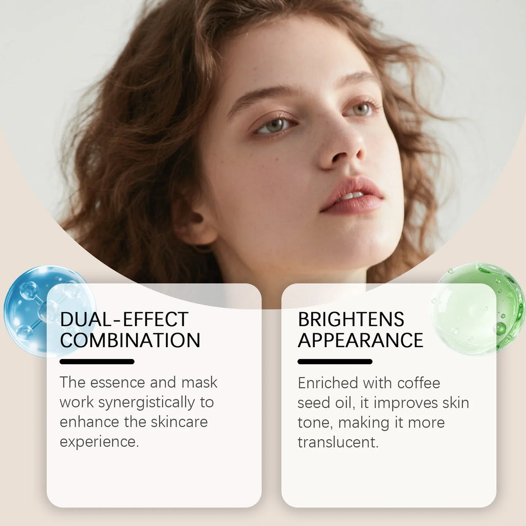 Infographic showing a woman with radiant skin, highlighting a dual-effect coffee seed oil skincare routine.