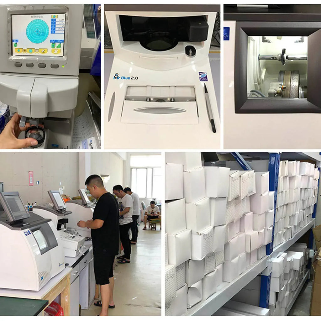 Black magnetic VR eyeglass frames with anti-blue lenses for Quest 3 headset, shown in manufacturing.