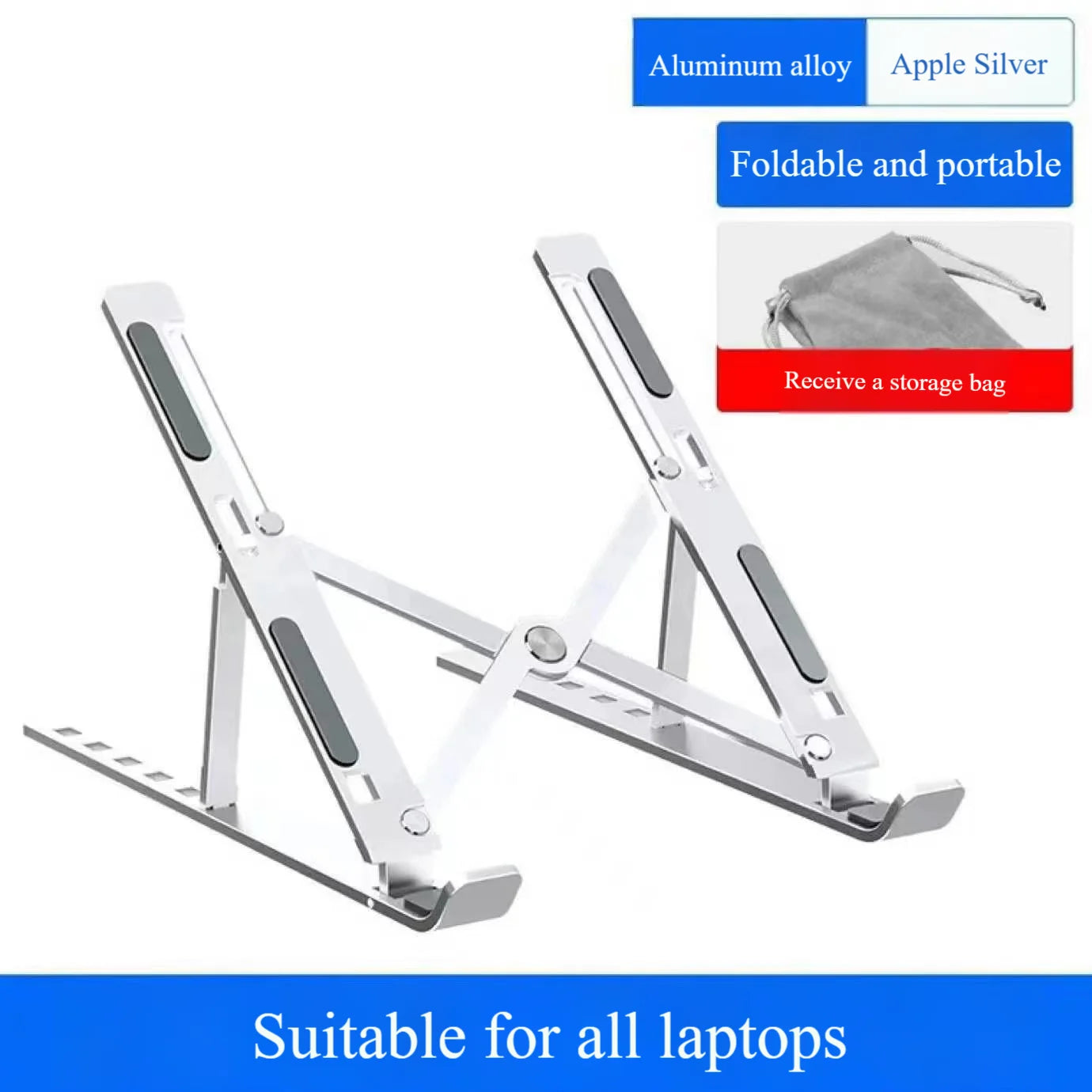 Silver Laptop Stand, Cooling, Keyboard Folding, Portable Stand, Foldable