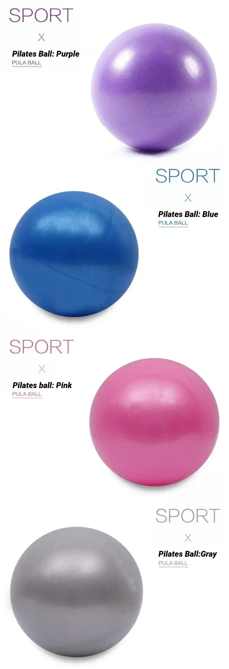 Four smooth, round Pilates exercise balls in purple, blue, pink, and grey arranged vertically on a white background.
