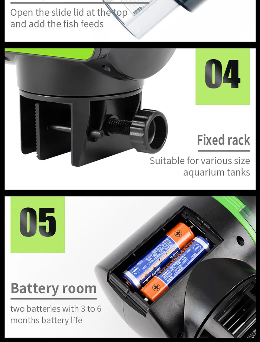 Black and neon green automatic aquarium fish feeder with a screw-mount clamp and battery compartment.