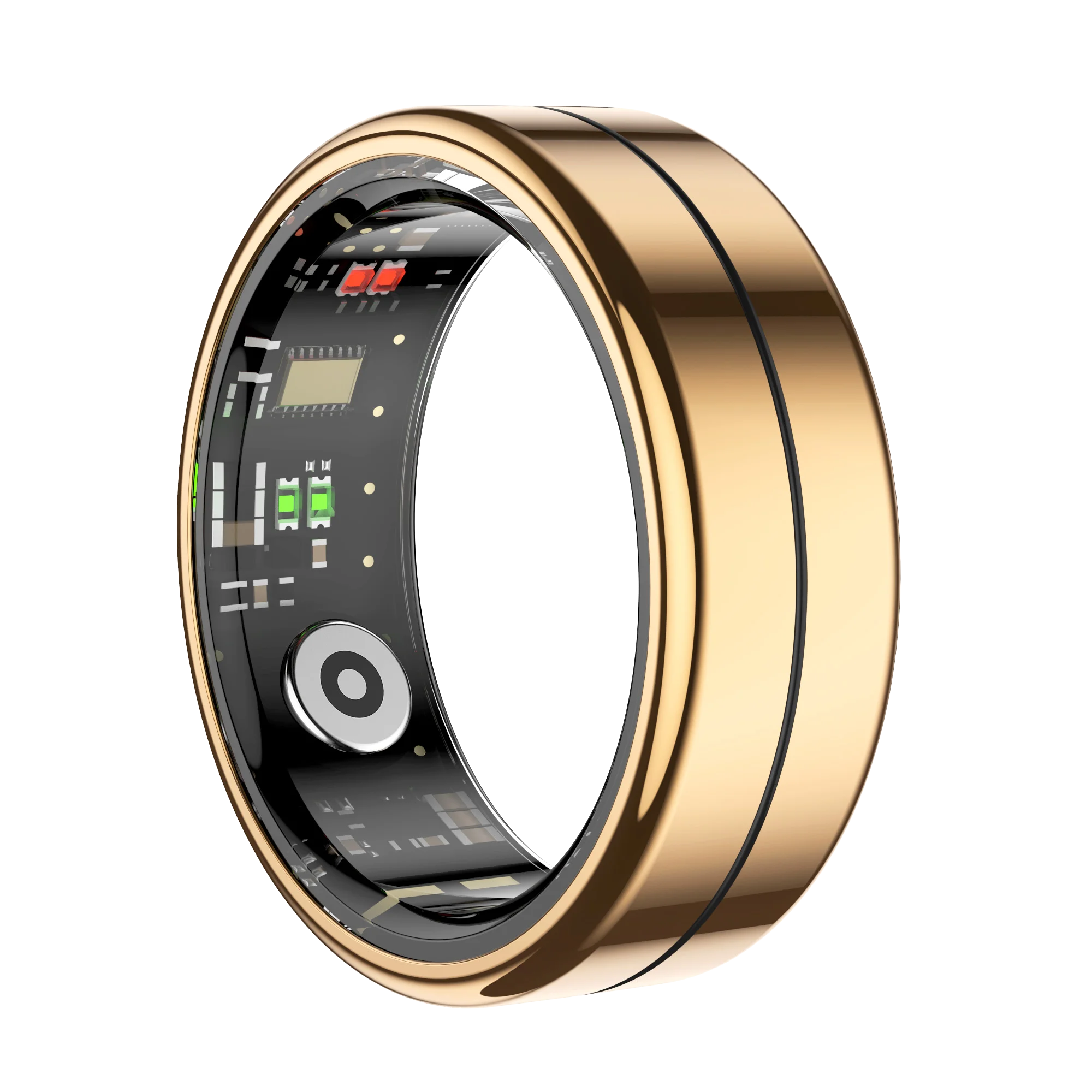 Sleek gold smart health ring showing exposed internal sensors and electronic circuitry on a black background.
