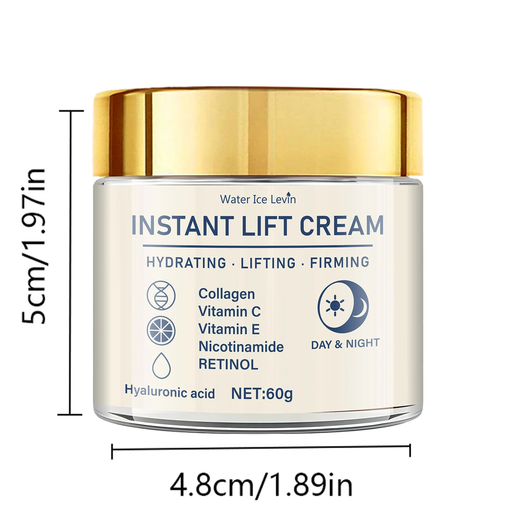 60g jar of hydrating, firming instant lift cream with a gold lid, featuring collagen, retinol, and vitamins.