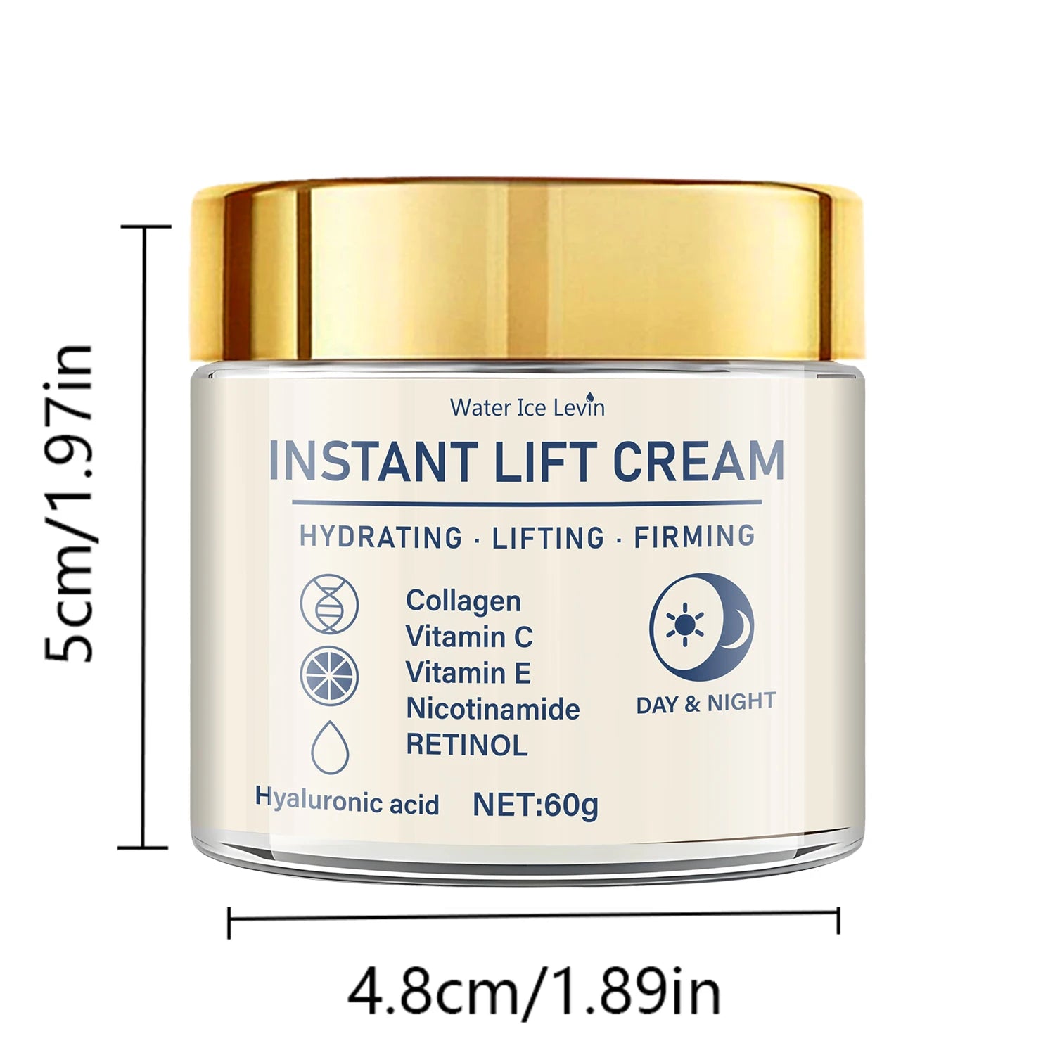 60g jar of hydrating, firming instant lift cream with a gold lid, featuring collagen, retinol, and vitamins.