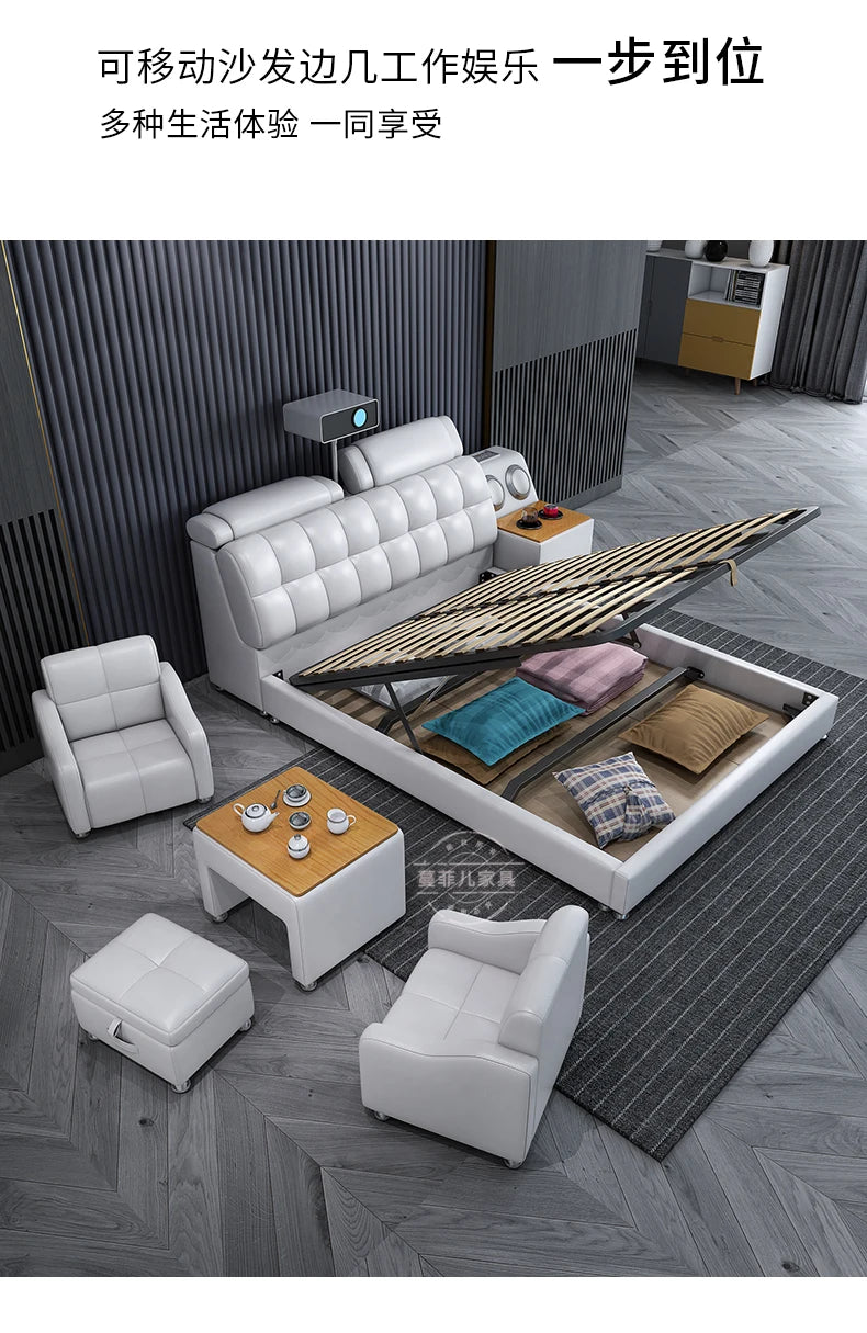 Modern white double bed with a tufted headboard, lift-up storage base, matching armchairs, and a small coffee table.