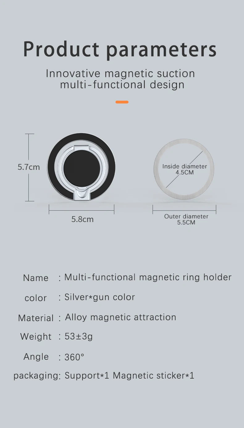 Silver and gunmetal magnetic ring holder with a 360-degree rotating design and included metallic sticker.