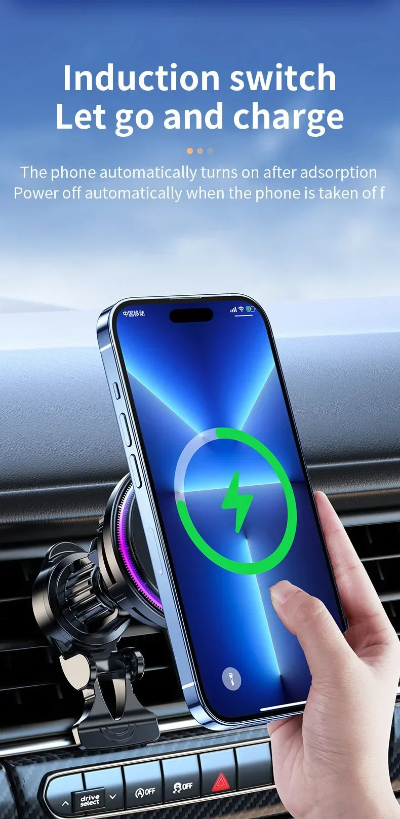 Black magnetic car phone mount with LED ring, mounted on a car air vent, wirelessly charging a blue smartphone.