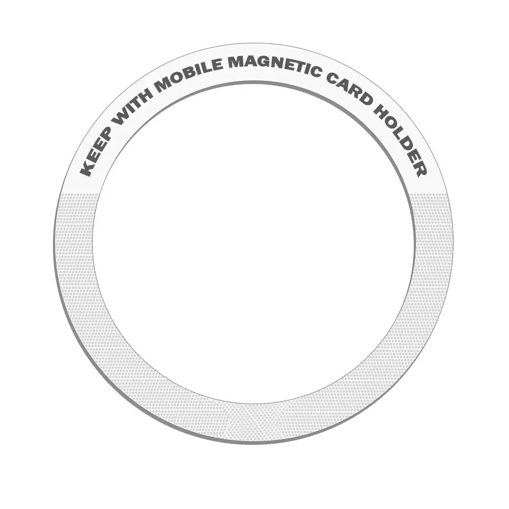 White circular mobile magnetic card holder attachment with grey text reading "KEEP WITH MOBILE MAGNETIC CARD HOLDER".