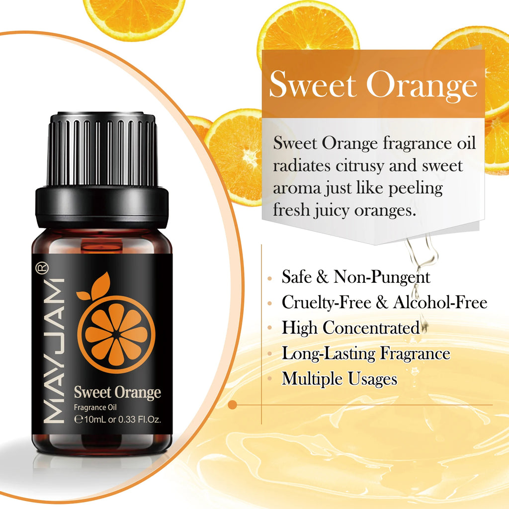 10ml bottle of sweet orange fragrance oil featuring a black label with orange citrus icon and fresh orange slices.