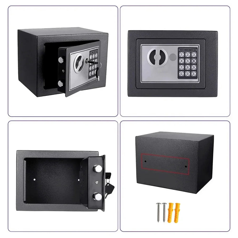 Black steel security safe with digital keypad, mechanical key lock, two locking bolts, and mounting hardware.