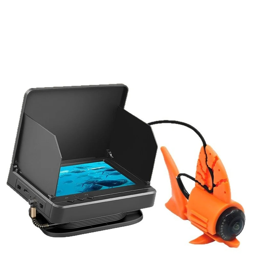 4.3-inch underwater fishing camera with a black monitor, sun visor, and a bright orange fish-shaped camera attachment.