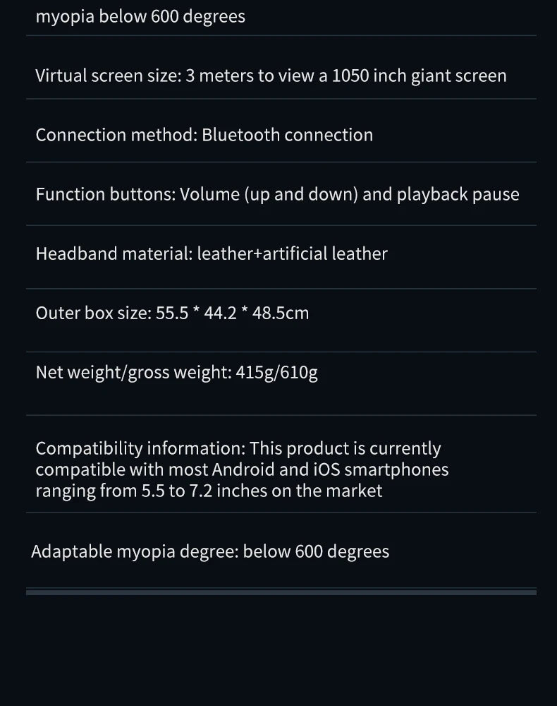 Black smartphone VR headset with adjustable leather head strap and integrated volume and playback controls.