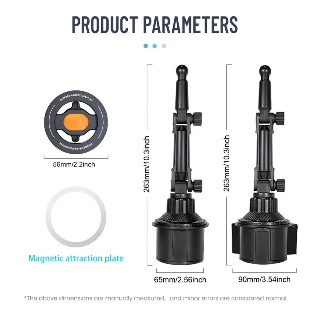 Black adjustable car cup holder phone mount with a magnetic plate, showing dimensions in inches and millimeters.