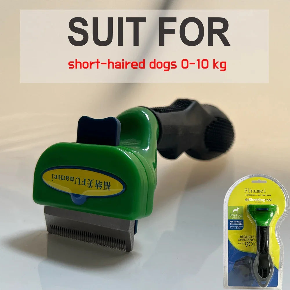 Green and black dog de-shedding tool with metal comb for small, short-haired dogs, shown loose and in packaging.