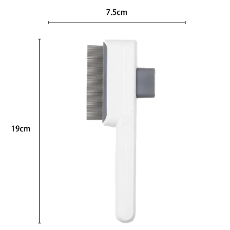 White pet grooming brush with fine metal bristles and a grey release button, shown with 19cm x 7.5cm dimensions.
