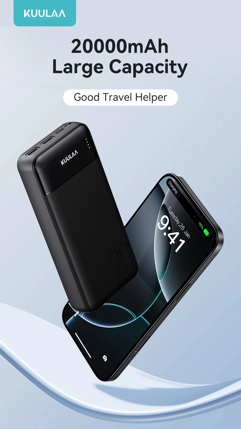 Black 20,000mAh portable power bank with LED charge indicator, shown alongside a smartphone.