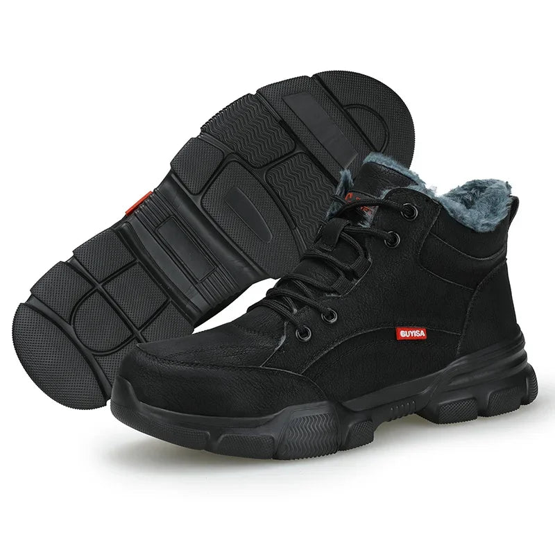 Black leather safety work boots with grey plush lining and thick treaded soles, showing the tread pattern.