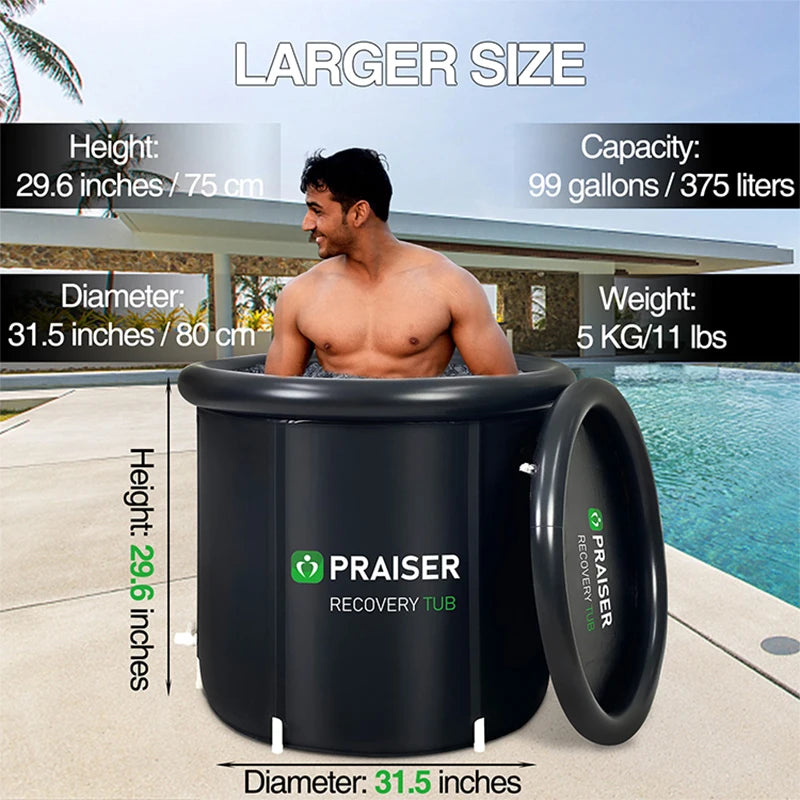 A man sits inside a black round "Praiser Recovery Tub" by a pool, with dimensions and specs overlaid.