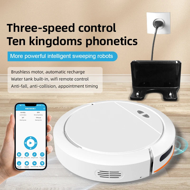 White robotic vacuum with charging dock, smartphone app control, and overlaid text features.