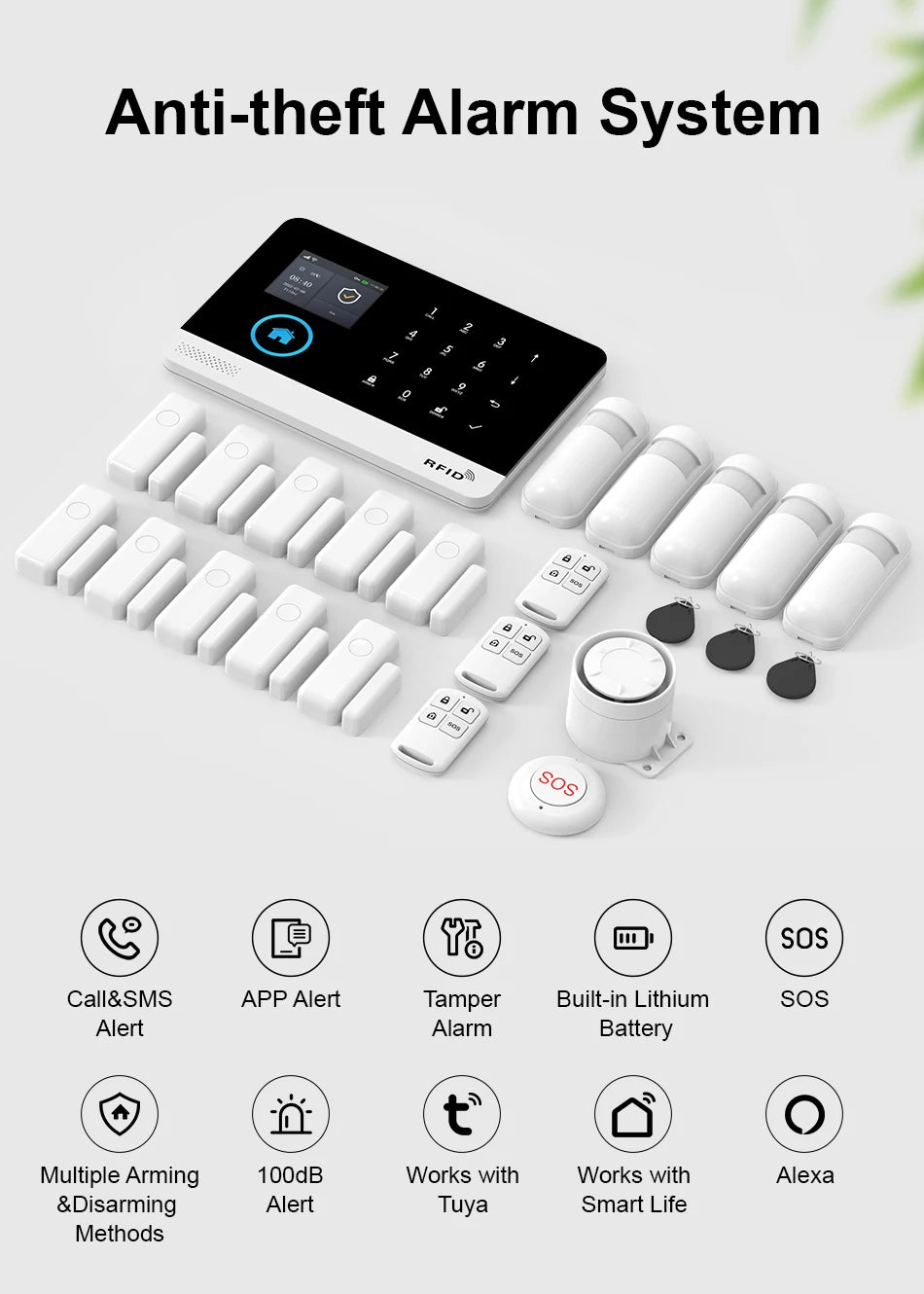 White smart home alarm kit with touch display, motion sensors, door contacts, remote fobs, and an emergency SOS button.